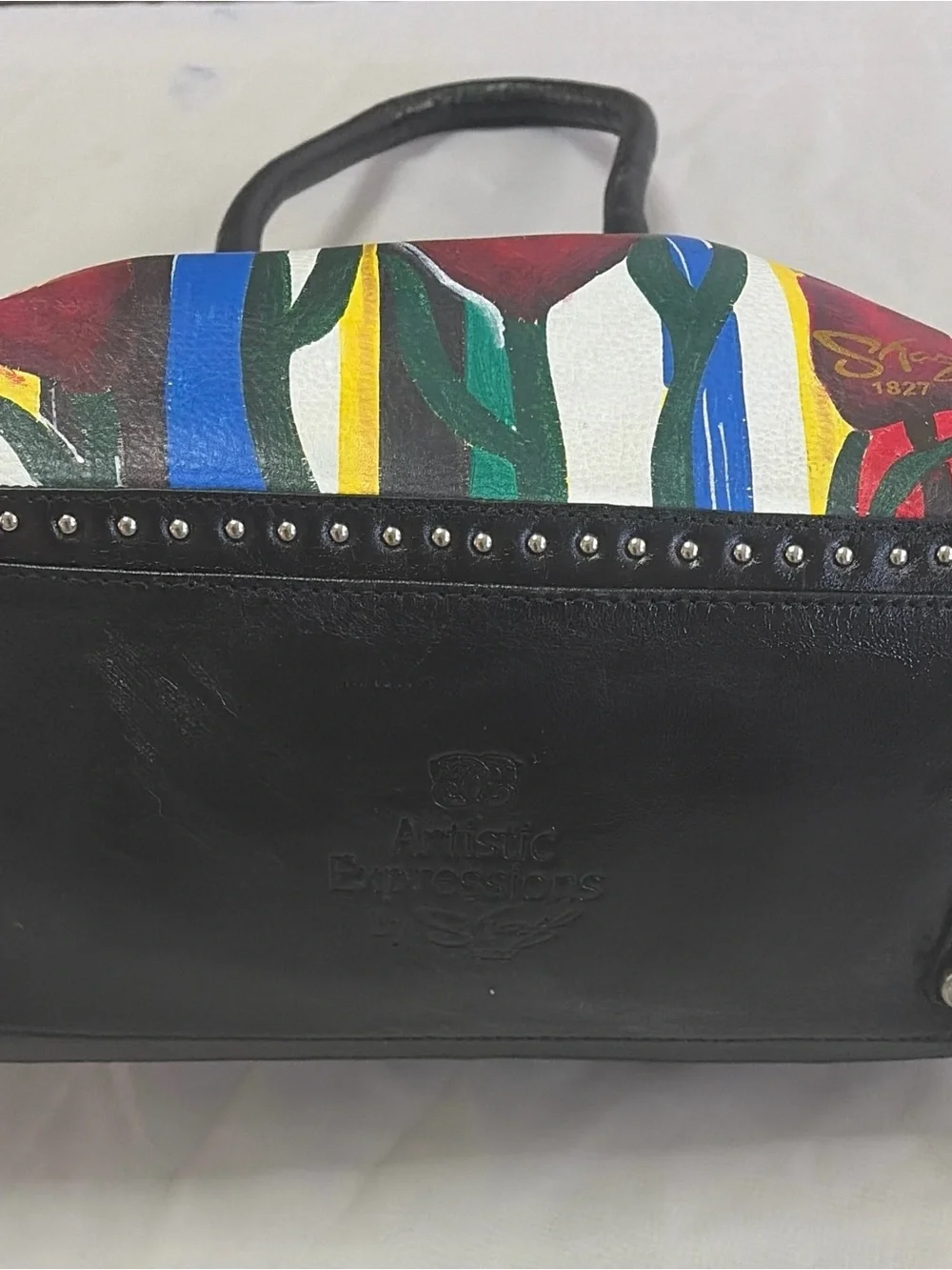 Sharif 1827 Hand Painted Leather Tulip Satchel Studded Edgy Wearable Art Bag